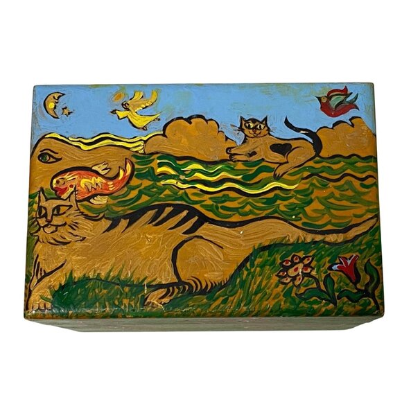 Hand-Painted Kitty Cat Wooden Storage Treasure Box Folk Art - Picture 1 of 8